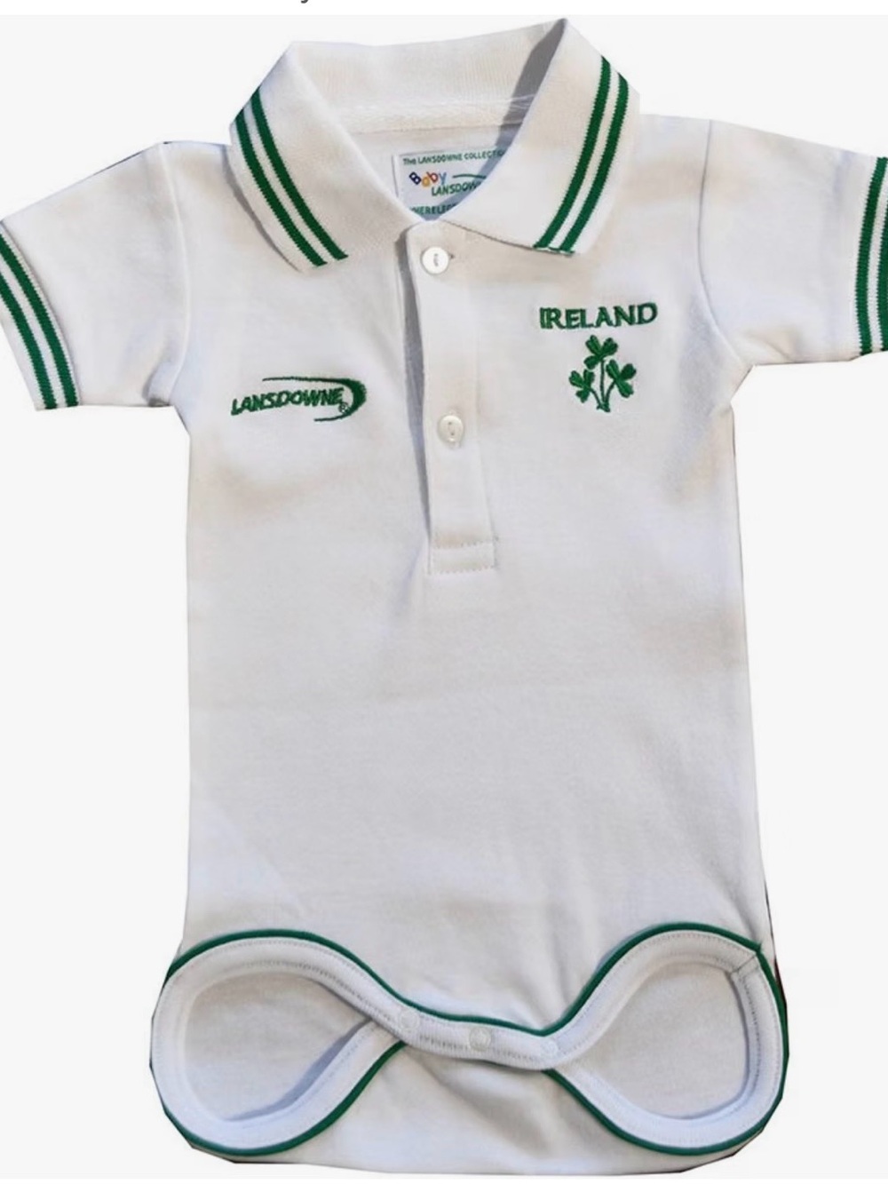 Ireland Polo Bodysuit in White with Green Trim - Lansdowne